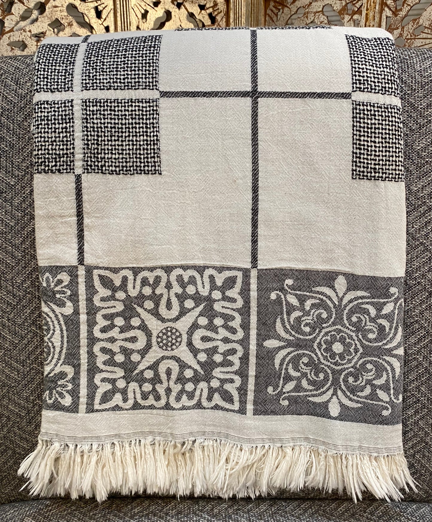 Highgrove - Throw Blanket - 100% Cotton - 51" X 67" - Sevila Black / Charcoal