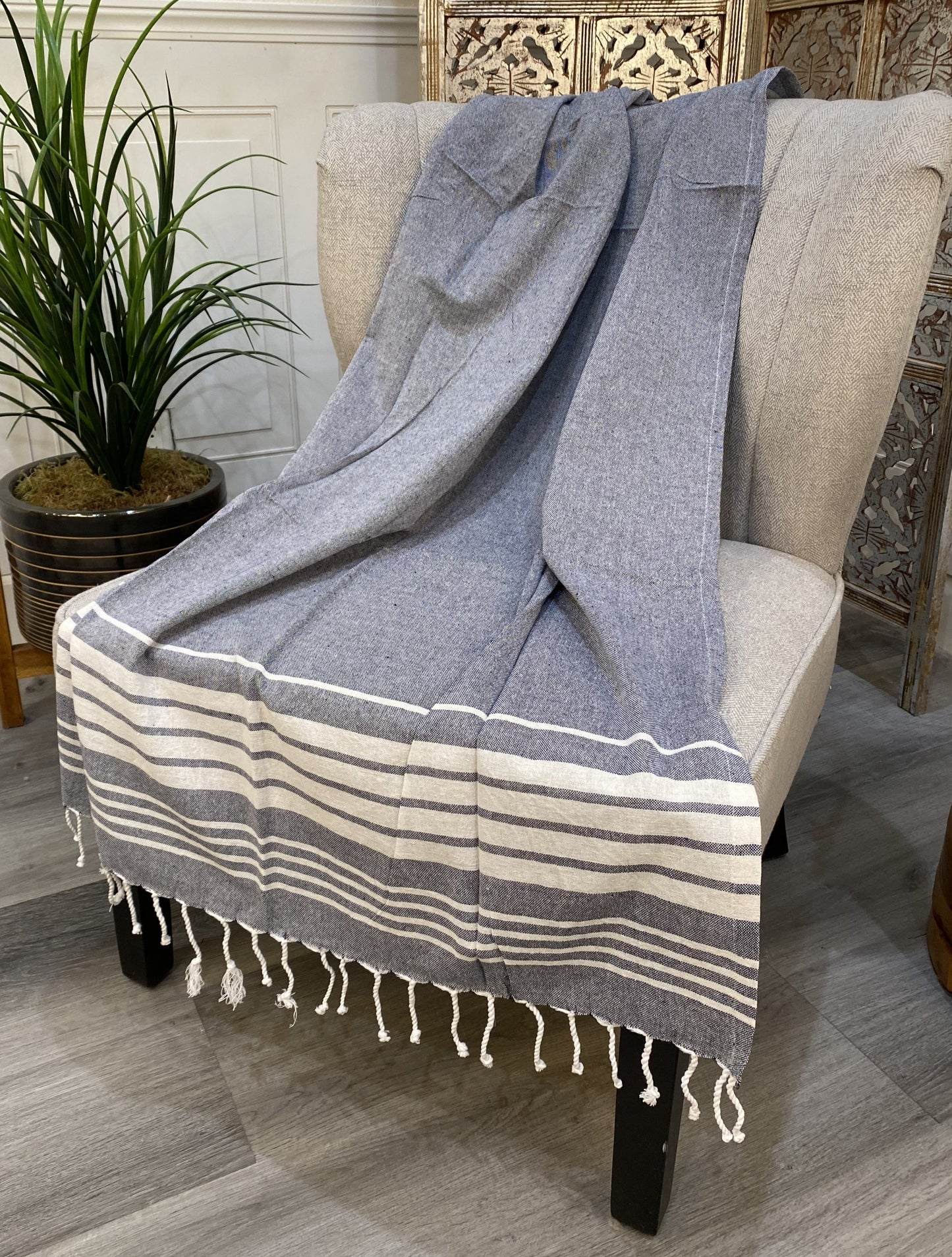 Highgrove - Throw Blanket - Cancun - Denim - 100% Cotton - 76" x 35" Lightweight