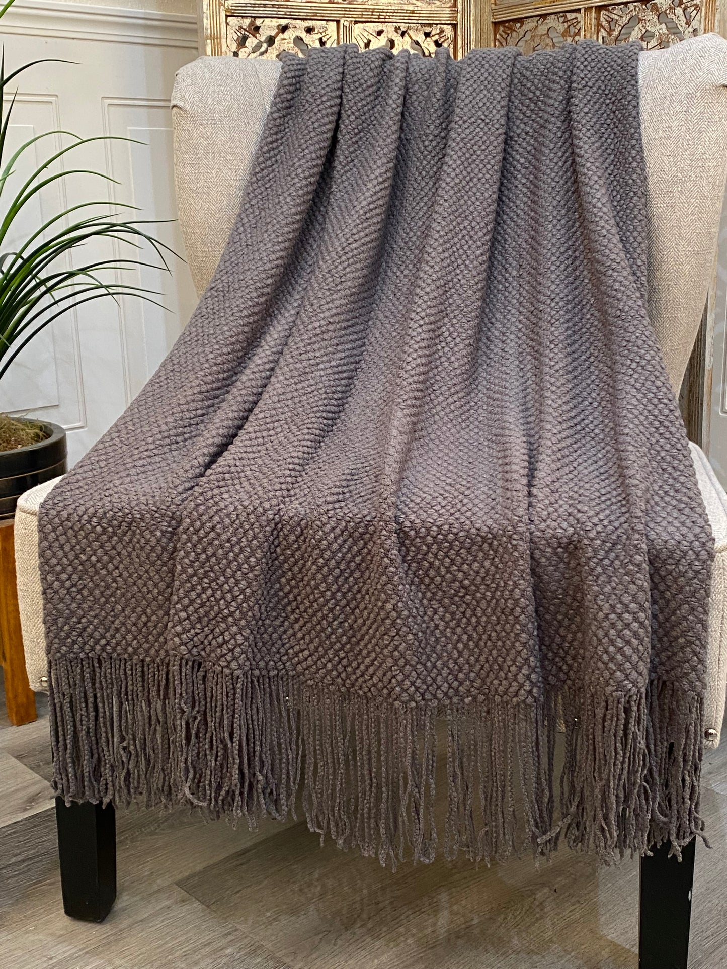 Highgrove - Throw Blanket - Acrylic 60" X 50" Picardy Collection - Smoke Grey