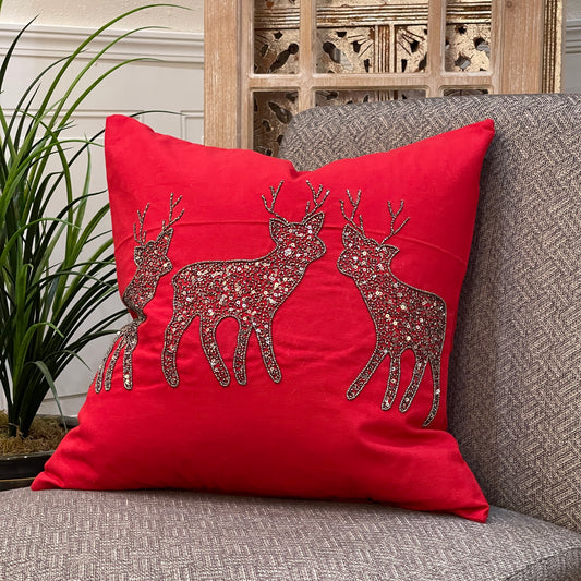 Decorative Pillow - Cover Only - Red with Deer with Bead - 20" x 20"