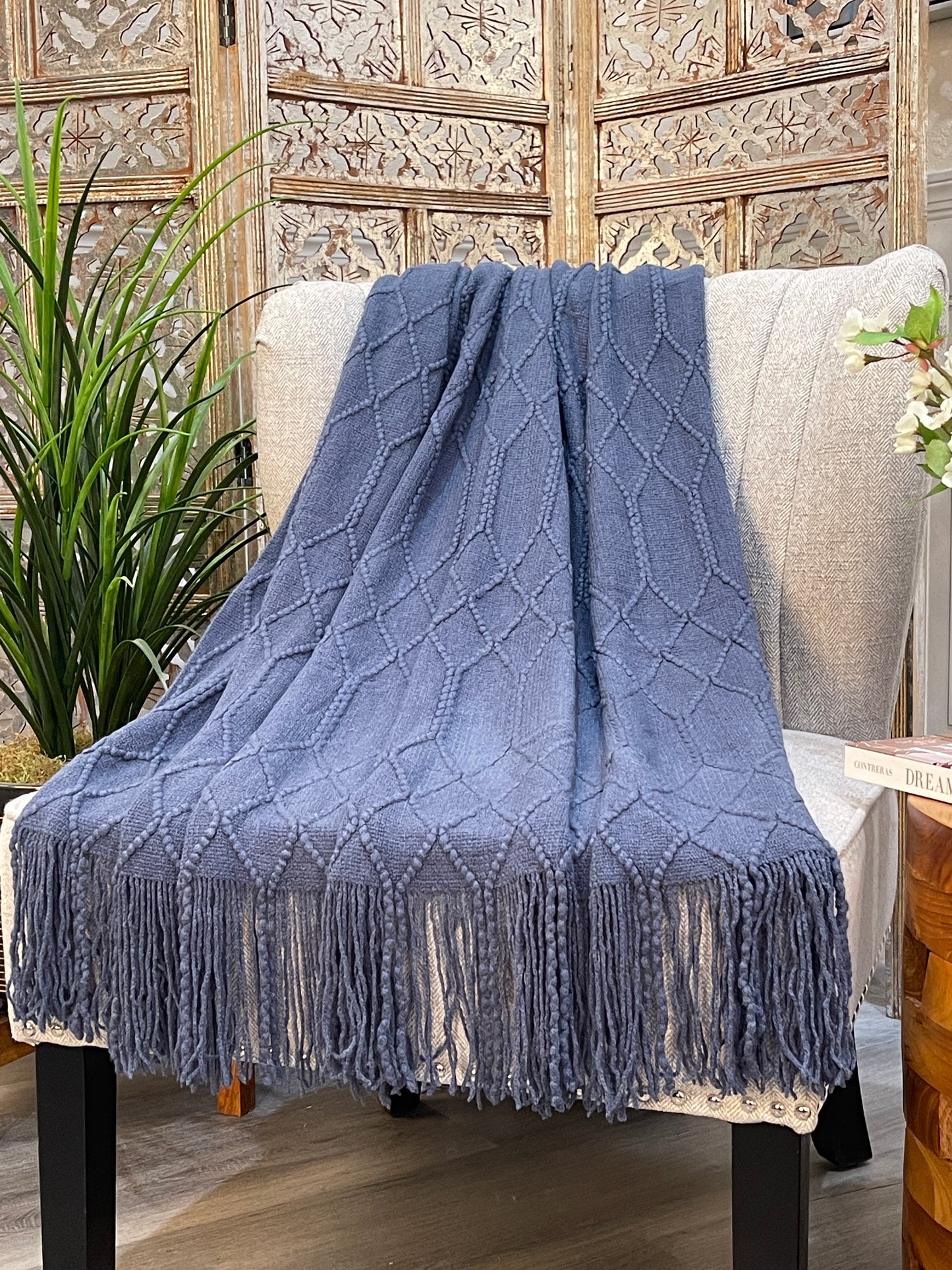 Highgrove - Throw Blanket - Acrylic 60" X 50" Toulon Collection - Denim Blue